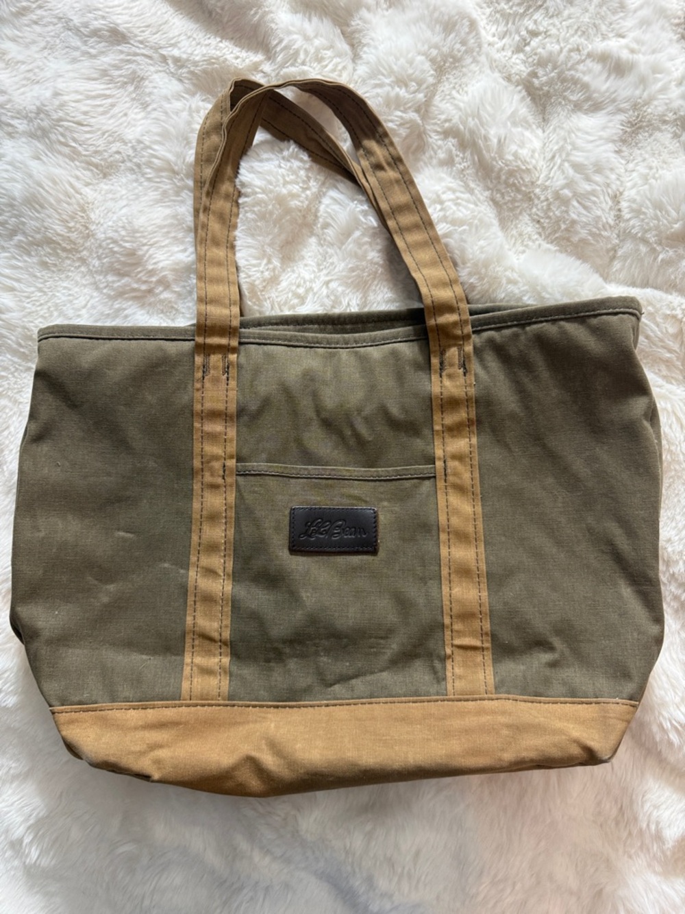 L.L.Bean Waxed Canvas Utility Tote Bag 502265 Olive & Tan - Lined - Zip Top